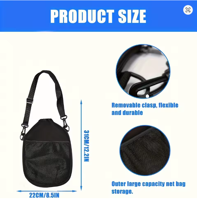 Pickleball Paddle Case with Adjustable Crossbody Strap – Durable Nylon Protective Cover (Black) | Portable Racket Storage Bag